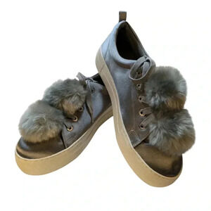 J Slides Silvery Grey with Faux Fur Pom Poms SZ 8.5 Exc Condition Silvery Grey
